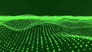 Green glowing technology wave particles with dark green background video