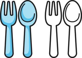 colorful and black and white fork and spoon for coloring book vector