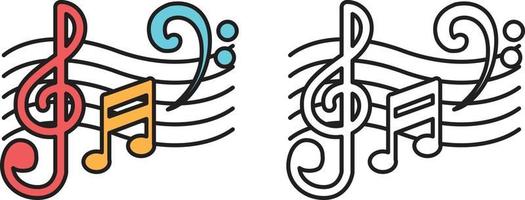 colorful and black and white music notes for coloring book vector