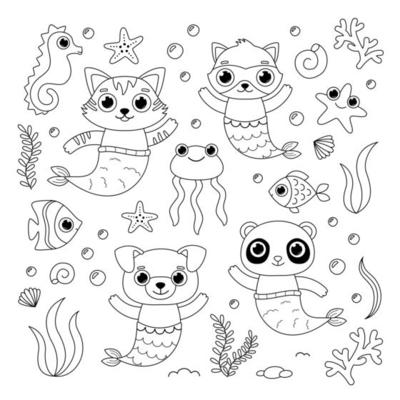 colouring page mermaid set cute animals with big eyes 3135435 Vector Art at  Vecteezy