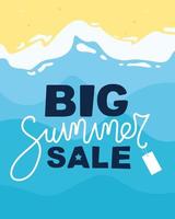 Summer sale banner. Lettering, beach and sea. vector illustration