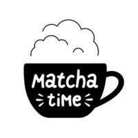 Rotulación del tiempo de matcha en una taza con vapor. para logo, cafe vector