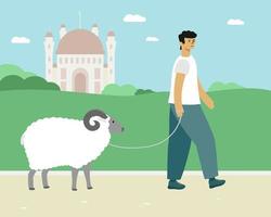 Man leads a ram. Eid al Adha Vector illustration Islamic card