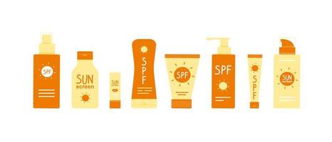 Sun safety collection. Tubes and bottles of sunscreen products SPF vector