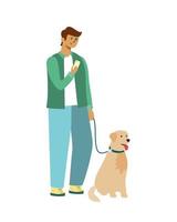 Modern young man stands with dog and looks into smartphone vector