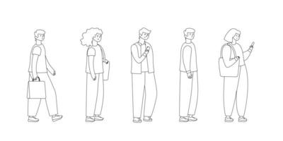 Full length of cartoon people standing in line against outline vector