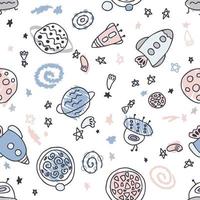 Pastel colored seamless pattern rockets and planets in space vector