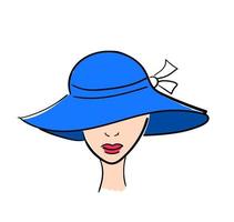 Woman with blue broad-brim hat. Flat style illustration vector