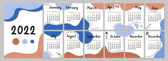 Calendar 2022. Abstract design, smooth shapes. Week starts on Sunday. vector