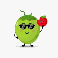 Cute coconut character carrying red apple vector