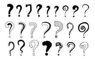 Question marks creative black vector illustrations in doodle style.