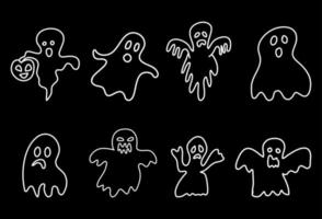 Scary ghosts in doodle style on a black background. vector