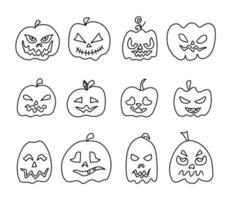 Doodle pumpkins with faces for halloween. vector