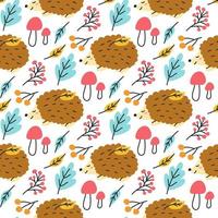 Cute hedgehog with leaves, mushrooms. Autumn vector seamless pattern