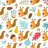 Squirrel with a fir cone and plants, leaves. Autumn vector  pattern