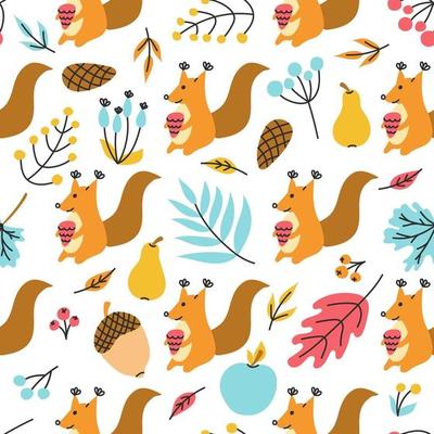 Squirrel with a fir cone and plants, leaves. Autumn vector  pattern