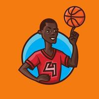 jugador de baloncesto girando la bola en su dedo en estilo de dibujos animados. vector