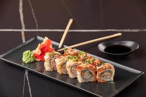Eel Sushi rolls on black background. restaurant serving