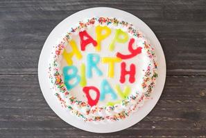 Happy birthday cake on table photo