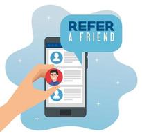 poster of refer a friend with hand using smartphone vector