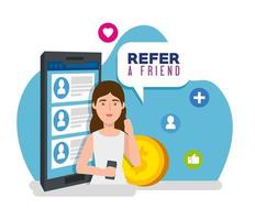 poster of refer a friend with young woman and smartphone vector