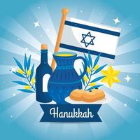 feliz hanukkah con tetera y decoración de set vector