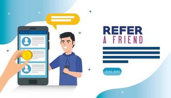 poster of refer a friend with young man and smartphone vector