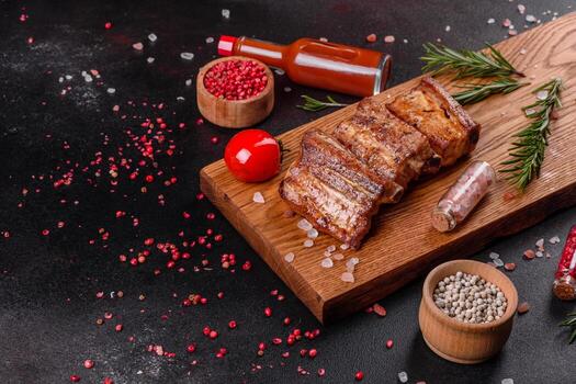 Costillas fritas con romero, cebolla, salsa sobre un fondo de hormigón foto