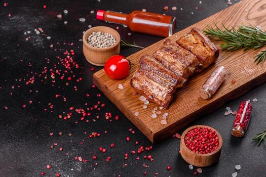 Costillas fritas con romero, cebolla, salsa sobre un fondo de hormigón foto