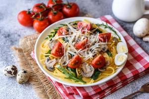 Spaghetti with mushrooms, cheese, spinach, rukkola and cherry tomatoes photo