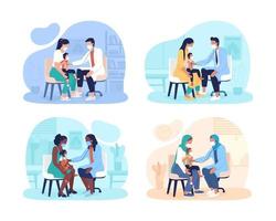 Annual pediatric checkups 2D vector isolated illustrations set