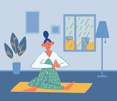 niña hace yoga en casa. lluvia fuera de la ventana. vector