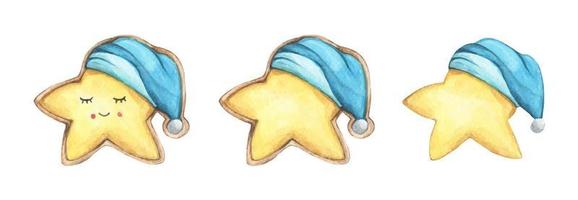Set of Cute cookies star in nightcap. Watercolor illustration. vector
