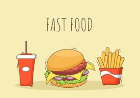 Conjunto de vector de fondo de comida rápida hamburguesa, cola y papas fritas
