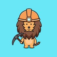 Cute lion miner holding pickaxe cartoon icon illustration vector