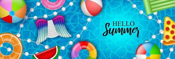 Hello summer banner with colorful inflatable vector