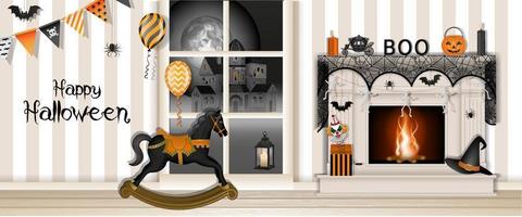 happy halloween banner with decorated fireplace and rocking horse vector