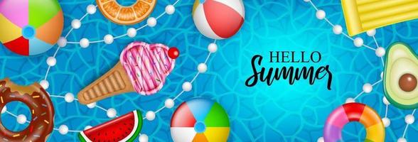 Hello summer banner with inflatables on water background vector