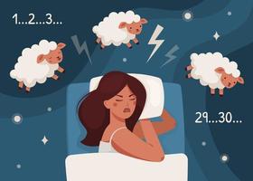 insomnio, niña en la cama cuenta ovejas, no puede dormir vector