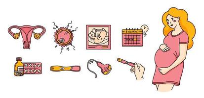 Pregnancy set icons in Doodle style, prenatal care vector