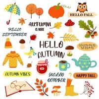 Hello autumn set with autumn phrases and cozy fall season elements. vector