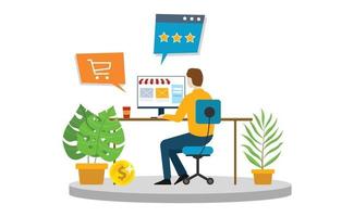 online shopping e-commerce man shop in front of computer vector