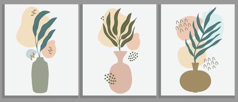 Conjunto de carteles de decoración de pared botánica abstracta. rama de planta en florero vector