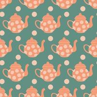 Seamless pattern cute background with tea pot, dots on blue background vector