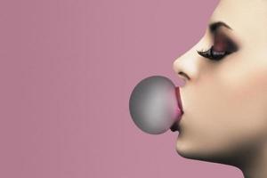 Beautiful woman blowing pink bubble gum. Closeup portrait