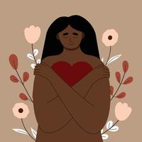 Young woman lovingly hugs herself and her body. Love yourself vector