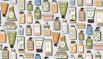 Seamless repeating pattern with cosmetics. A set of bottles and tubes vector