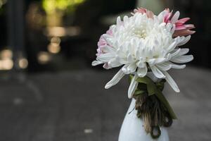 Gerber's flowers in a flowerpot on wood table photo