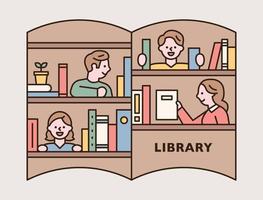 personajes de personas sonríen entre los libros en los estantes. vector