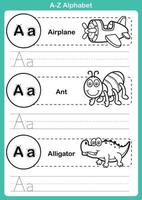 Ejercicio del alfabeto az con vocabulario de dibujos animados para colorear libro vector
